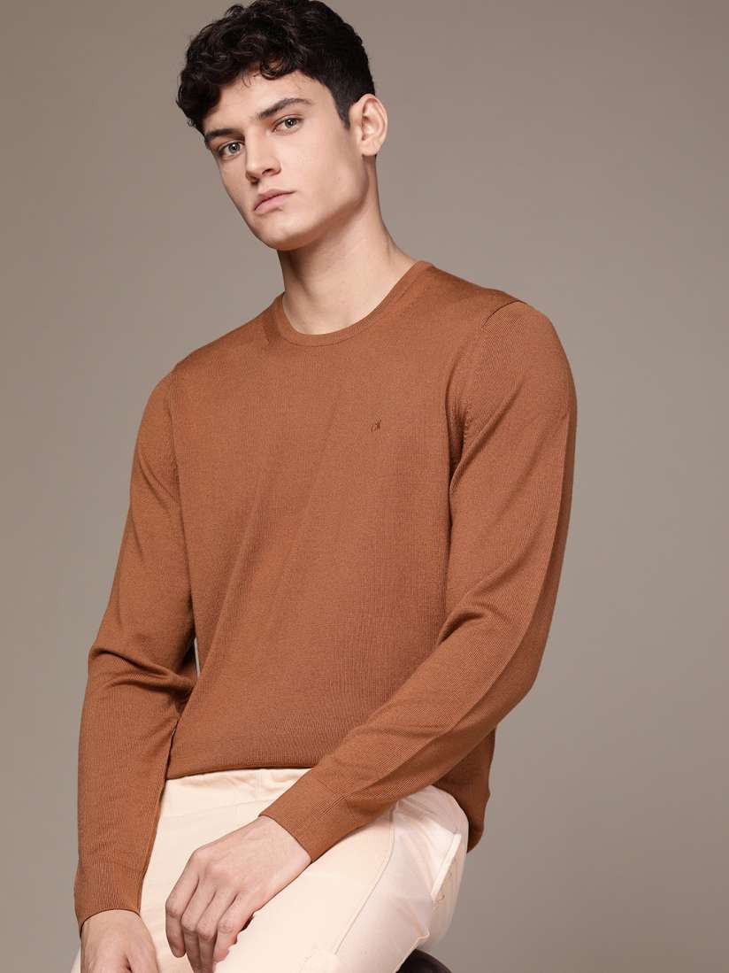 Buy Calvin Klein Jeans Men Brown Solid Crew Neck Pullover Sweater Sweaters for Men 18829608 Myntra