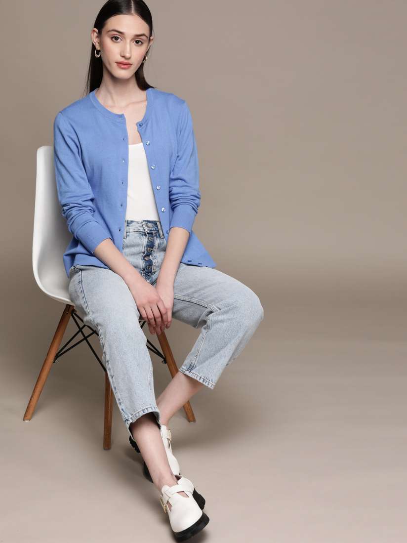 Buy Macy s Karen Scott Women Blue Solid Cardigan Sweaters for Women 18838266 Myntra