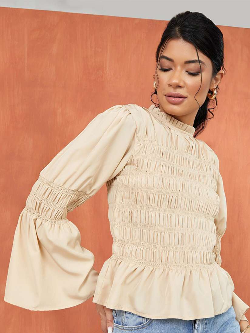 Buy Styli Beige Solid High Neck Smock Top Tops for Women 18840966 Myntra