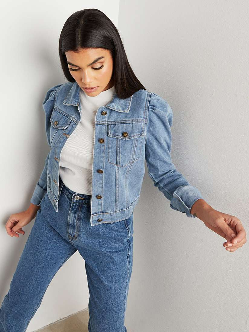 Buy Styli Women Blue Washed Button Through Denim Jacket with Puff 