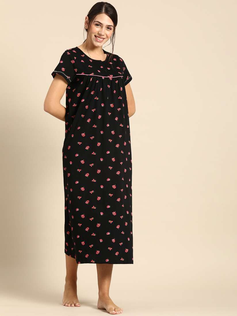 Buy Dreamz by Pantaloons Women Black Printed Pure Cotton Maxi Nightdress Nightdress for Women 18857402 Myntra