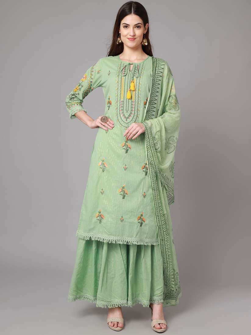 Buy ANAISA Women Green Floral Embroidered Layered Thread Work Pure Cotton Kurti with Sharara With Dupatta Kurta Sets for Women 18879540 Myntra