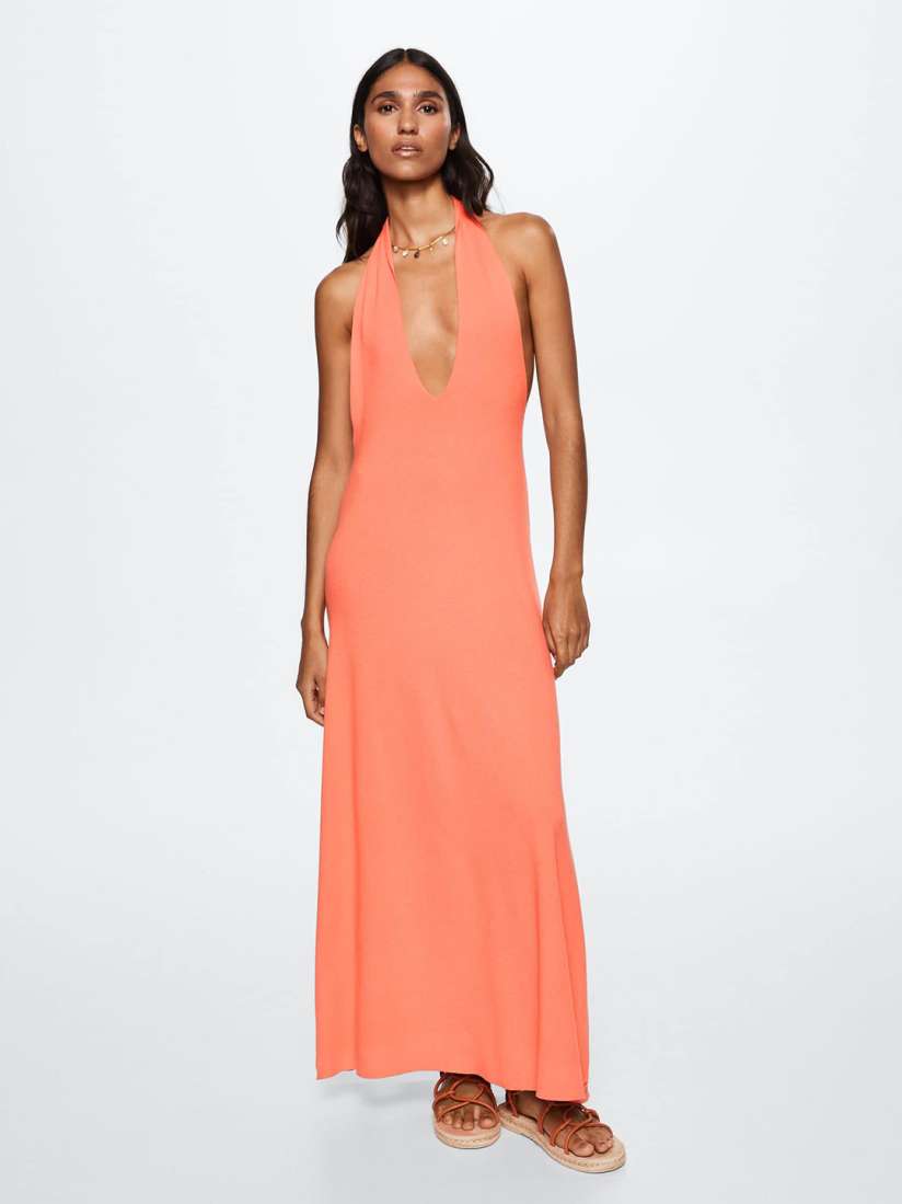 Buy MANGO Coral Orange Solid Plunge Neck Maxi Dress Dresses for Women 18879624 Myntra