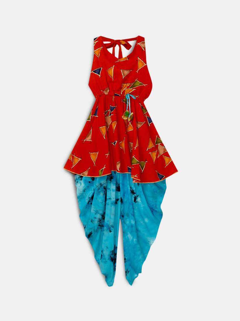 Buy Hopscotch Girls Red Ethnic Motifs Embroidered Pure Cotton Kurti with Dhoti Pants With Dupatta Kurta Sets for Girls 18898200 Myntra