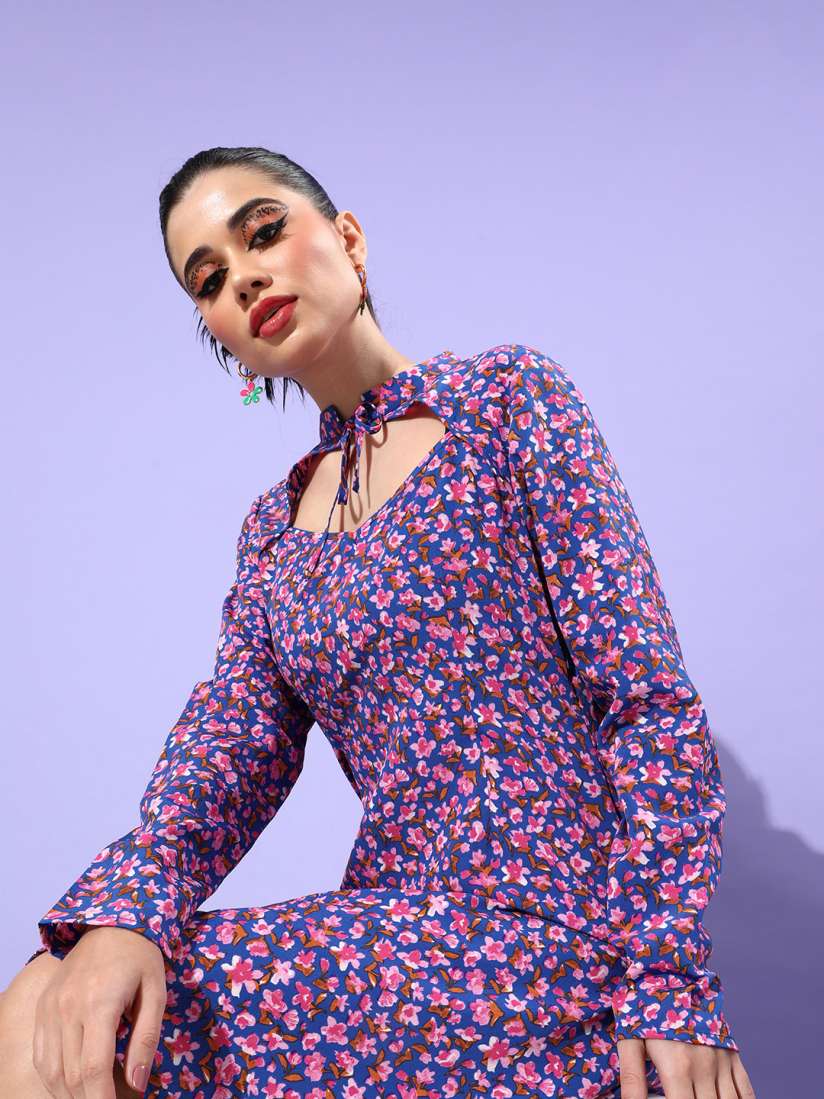Buy 4WRD by Dressberry Blue Pink Floral Print Tie Up Neck Cut Out A Line Mini Dress Dresses for Women 18900016 Myntra