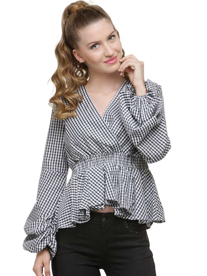 Buy Envy Me Women Black Checked Cinched Waist Top Tops for Women 1891144 Myntra