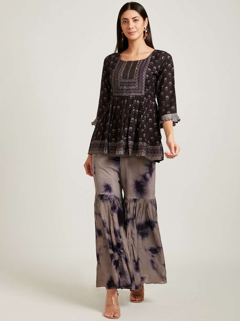 Buy Neerus Women Black Ethnic Motifs Printed Pleated Mirror Work Kurti with Sharara With Dupatta Kurta Sets for Women 18912572 Myntra