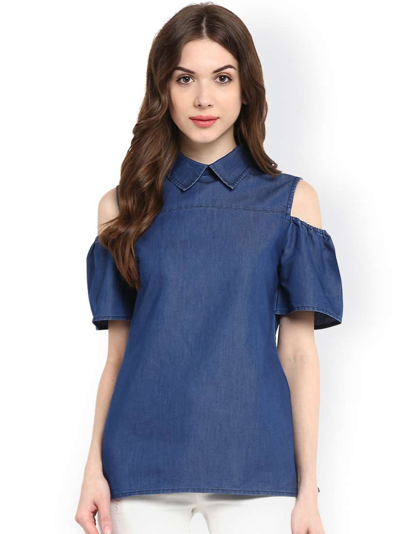 Buy StyleStone Women Blue Denim Cold Shoulder Top Tops for Women 1893056 Myntra