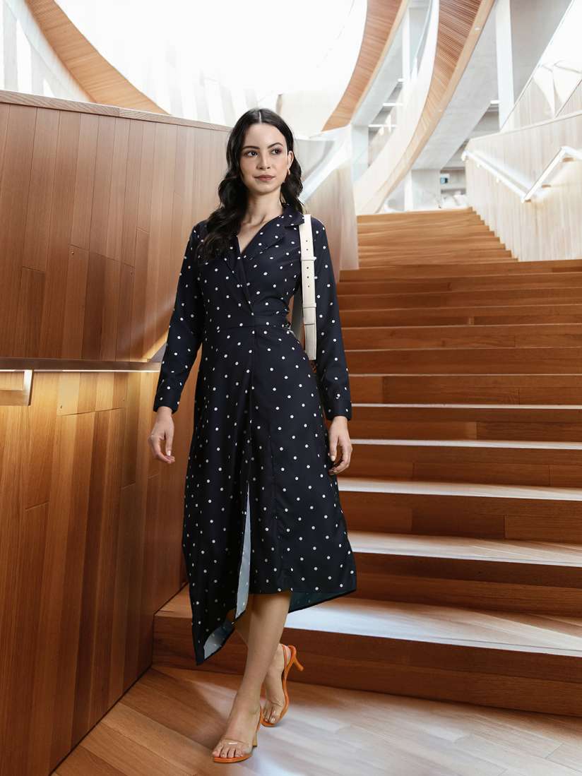 Buy her by invictus Navy Blue Polka Dot Print Midi Wrap it up Dress With Tie up Detail Dresses for Women 18937508 Myntra