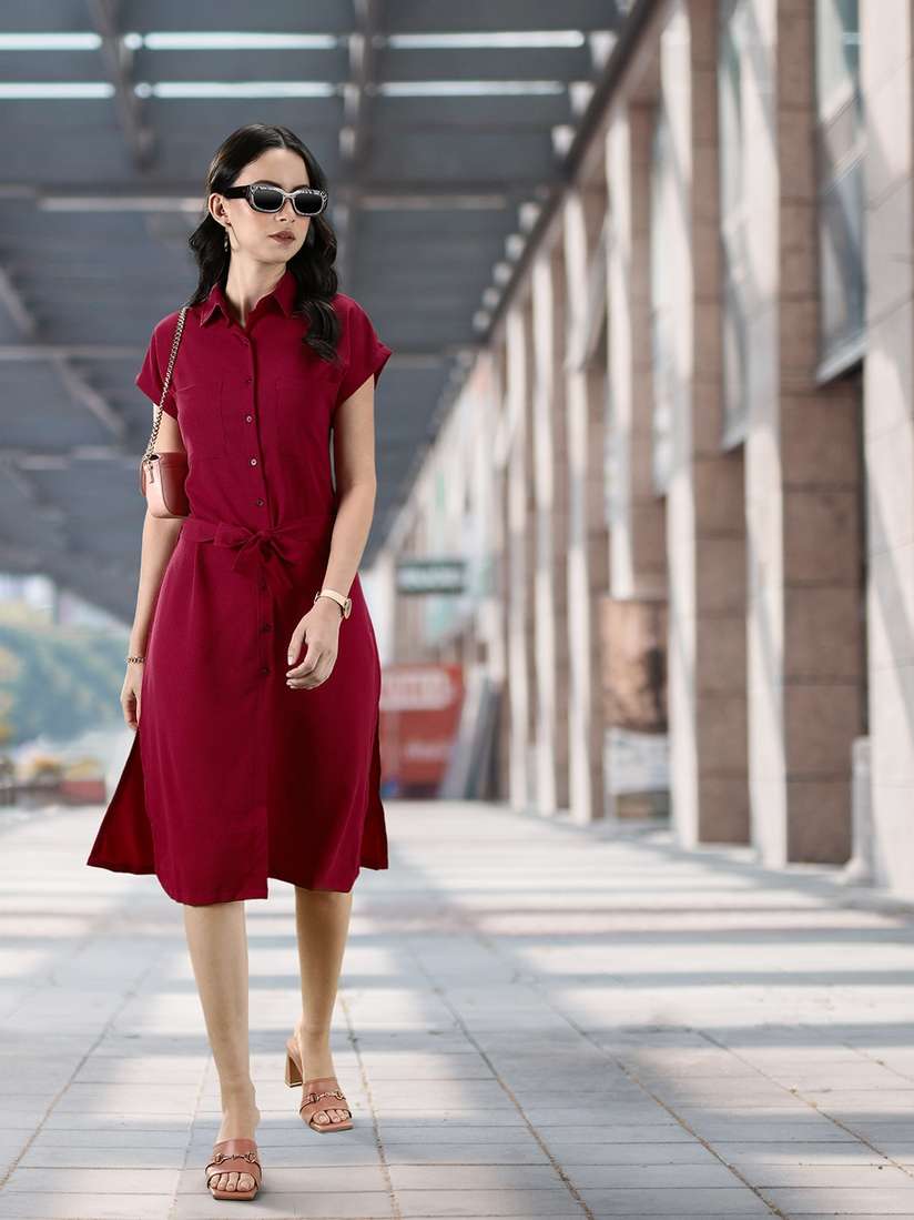 Midi Dress Ladies Red Shirt Dress Women Red Satin Floral Midi
