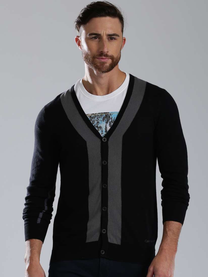 Buy Calvin Klein Jeans Men Black Grey Cashmere Blend Cardigan Sweaters for Men 189444 Myntra