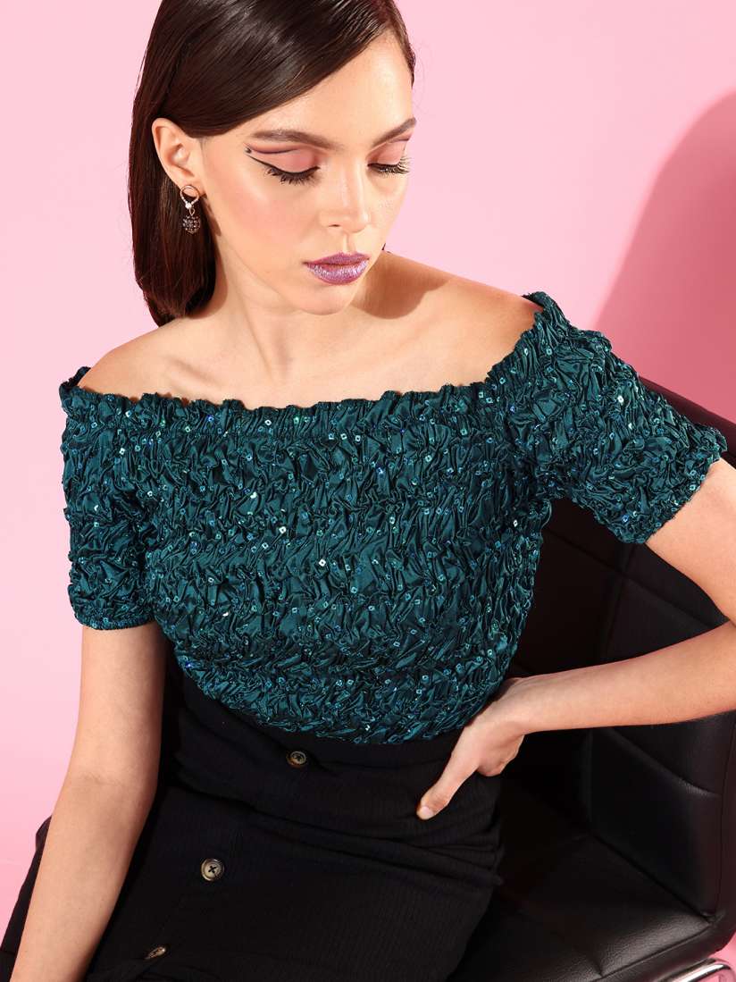 Buy Athena Teal Embellished Off Shoulder Smocked Crop Top Tops for Women 18961738 Myntra