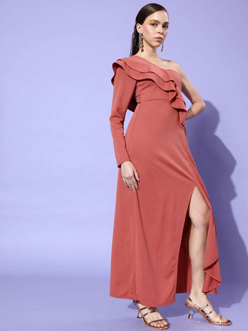 Buy Athena Dusty Pink Solid One Shoulder Ruffled Detail Maxi Dress Dresses for Women 18962920 Myntra