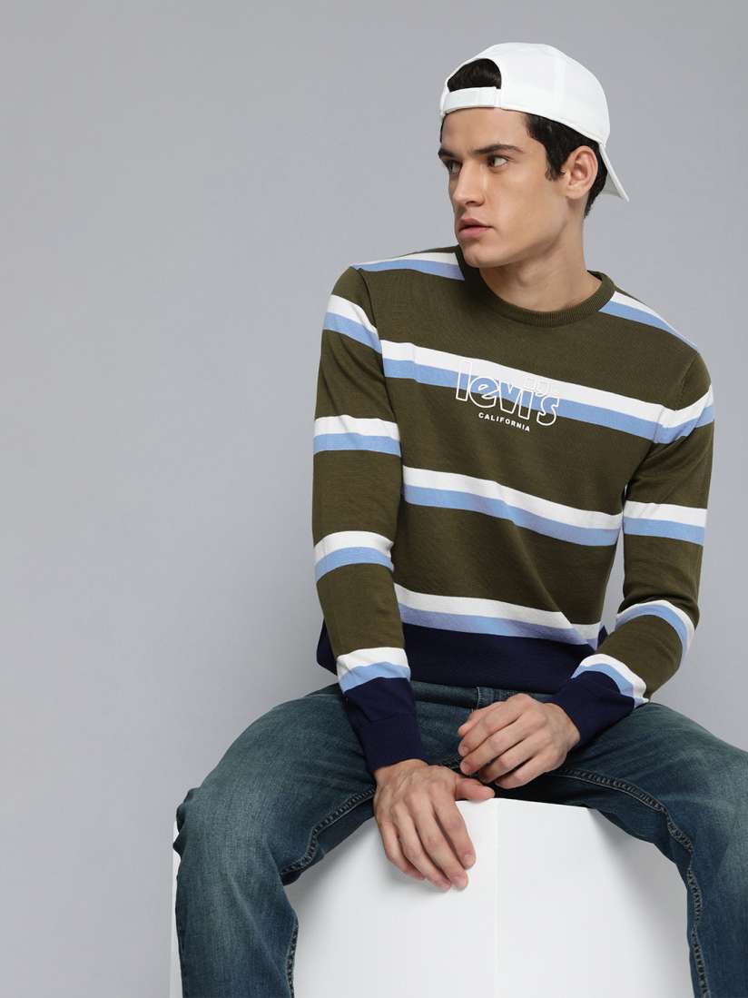 Buy Levis Men Olive Green Off White Striped Pure Cotton Pullover Sweatshirt Sweatshirts for Men 18975716 Myntra