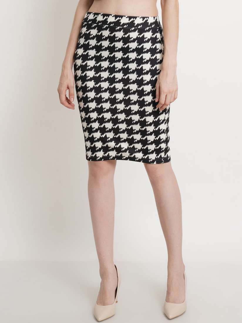 Knee length black and white houndstooth skirt new arrivals
