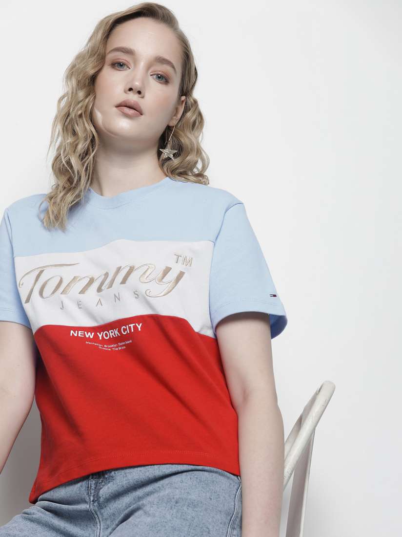 Buy Tommy Hilfiger Women Pure Cotton Colourblocked T shirt Tshirts for Women 18985958 Myntra