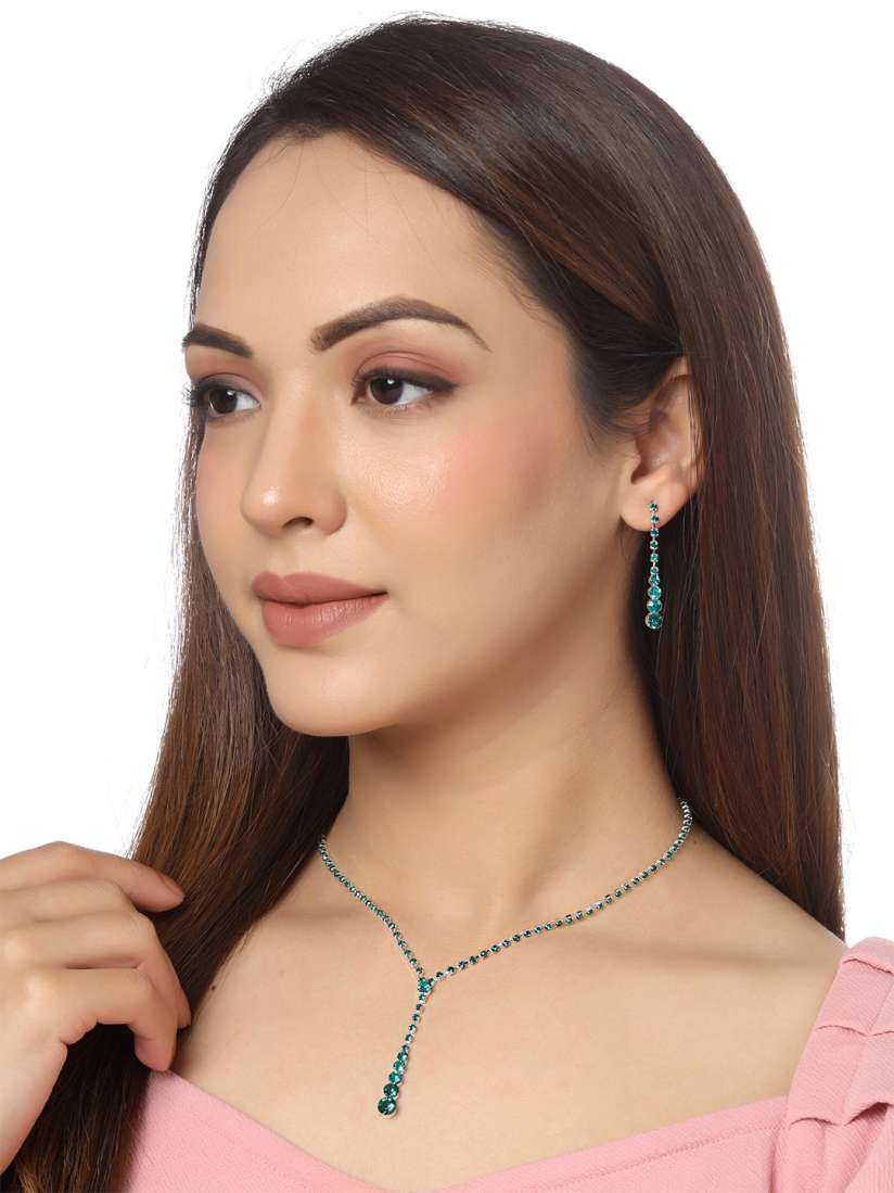 Buy Yellow Chimes Silver Tone Green Crystal Studded Necklace With Dangler Earring Jewellery Set for Women 18987738 Myntra