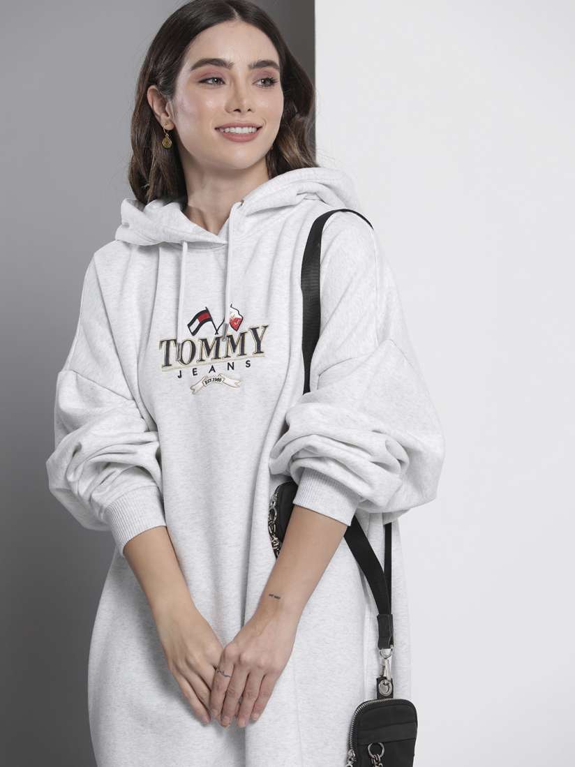 Buy Tommy Hilfiger Grey Oversized Sustainable Brand Logo Embroidery Hooded Jumper Dress Dresses for Women 18988054 Myntra