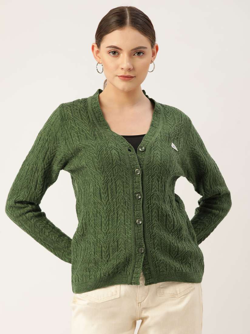 Buy Monte Carlo Women Olive Green Geometric Self Design Cardigan Sweaters for Women 18994656 Myntra
