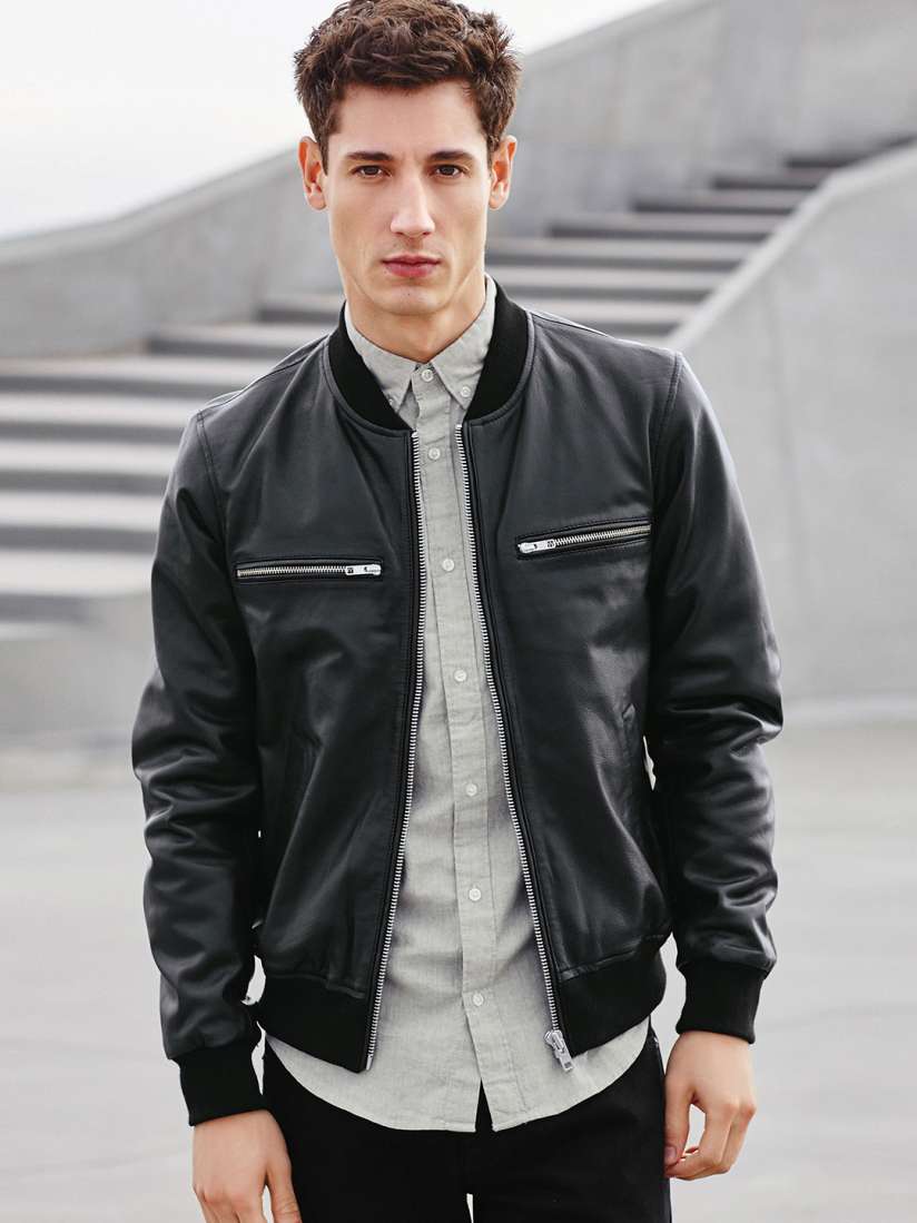 Buy Next Men Black Solid Leather Bomber Jacket Jackets for Men Myntra