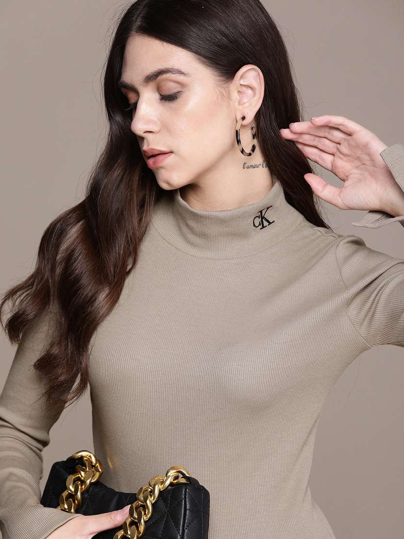 Buy Calvin Klein Jeans Women Grey Turtle Neck Slim Fit T-shirt