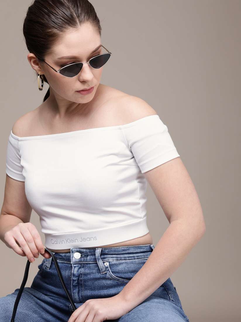 Buy Calvin Klein Jeans White Solid Off Shoulder Bardot Crop Top Tops for Women 19007768 Myntra