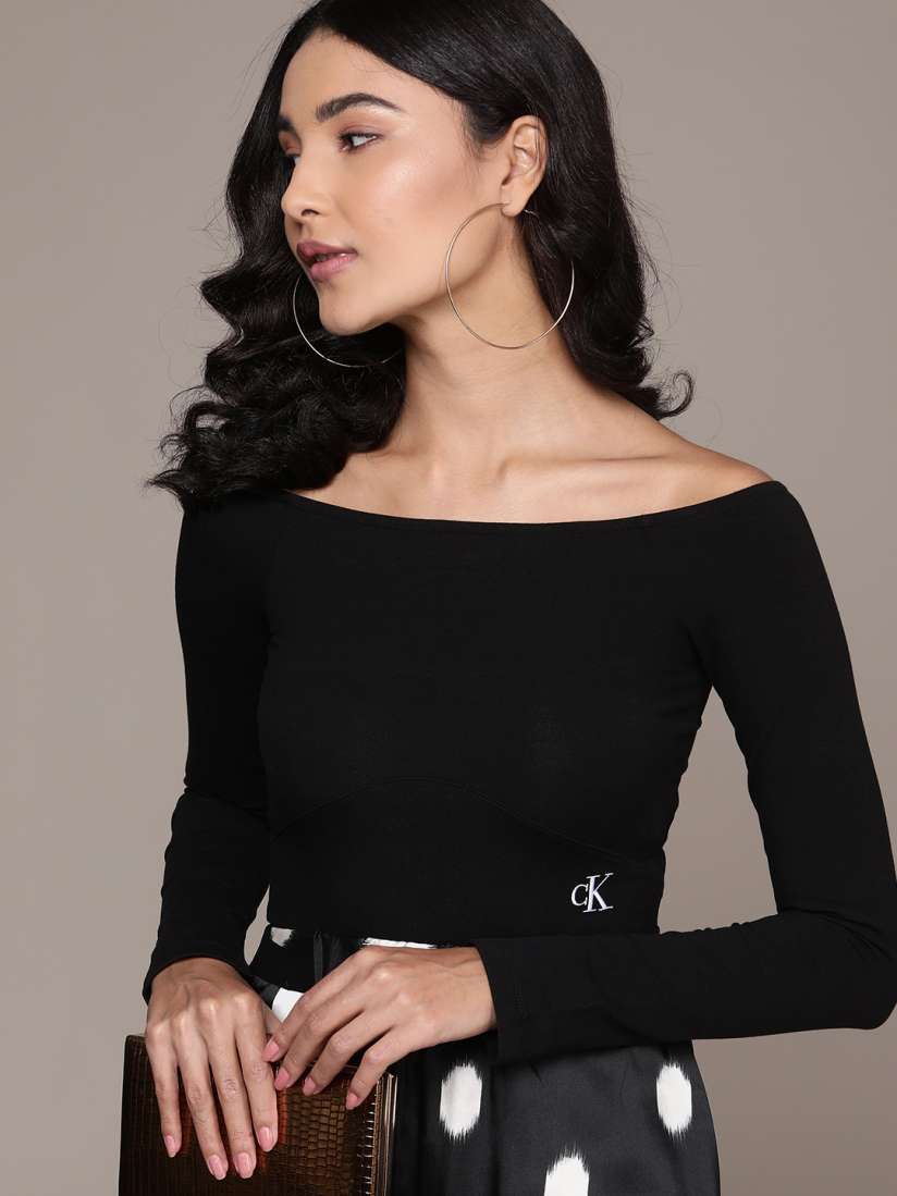 Buy Calvin Klein Jeans Black Solid Off Shoulder Bardot Top Tops for Women 19007996 Myntra