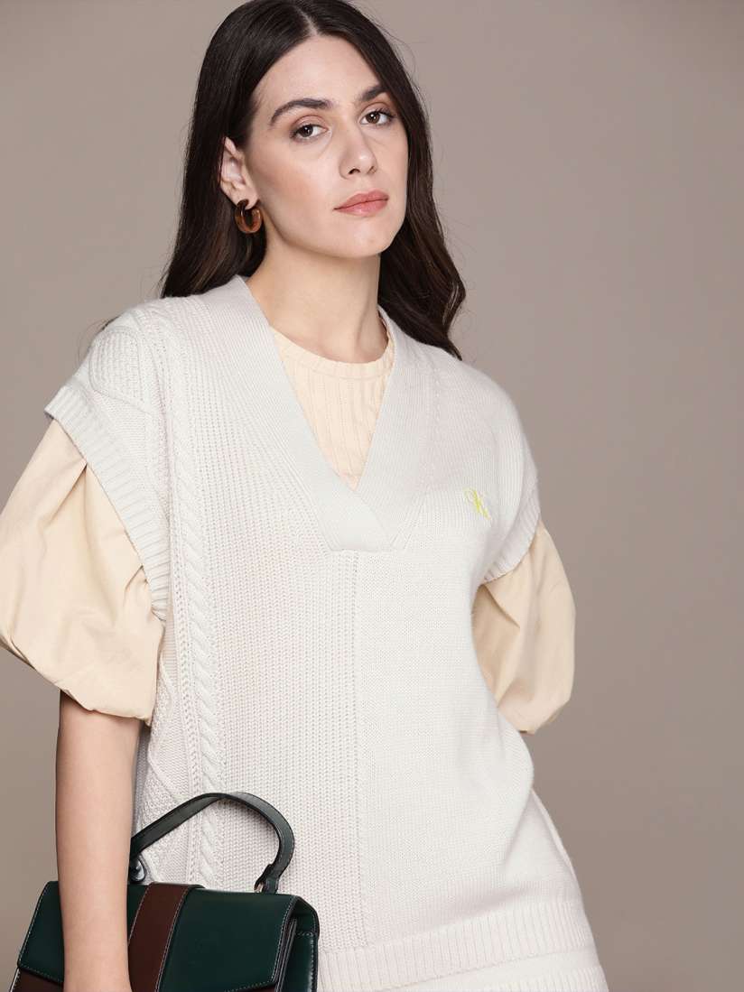 Buy Calvin Klein Jeans Women Beige Cable Knitted Sweater Vest Sweaters for Women 19008532 Myntra