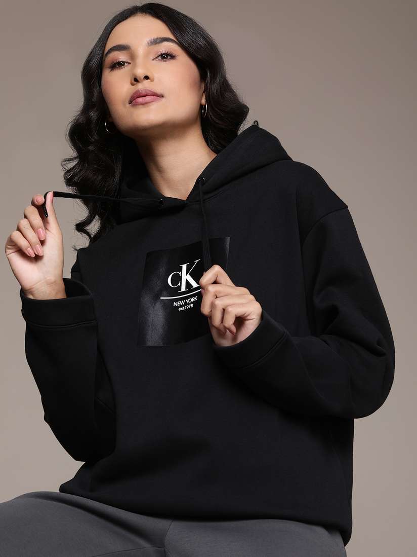 Buy Calvin Klein Jeans Women Black Printed Hooded Oversized