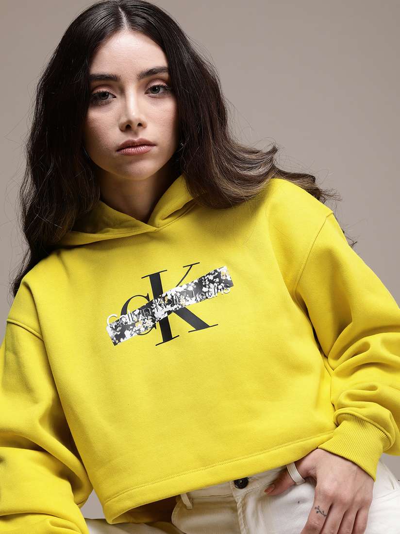 Buy Calvin Klein Jeans Women Yellow Brand Logo Printed Applique Crop Hooded  Sweatshirt - Sweatshirts for Women 19009106 | Myntra
