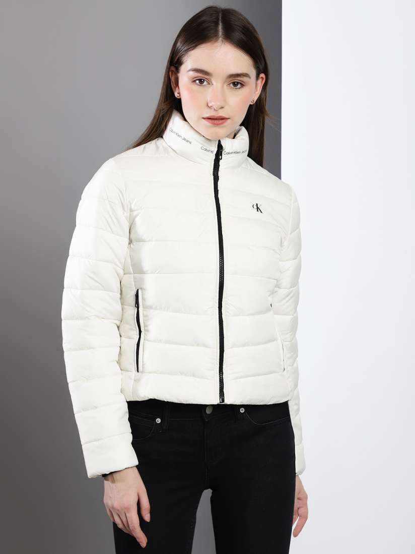 Calvin Klein Jeans Women White Solid Mock Collar Puffer Jacket