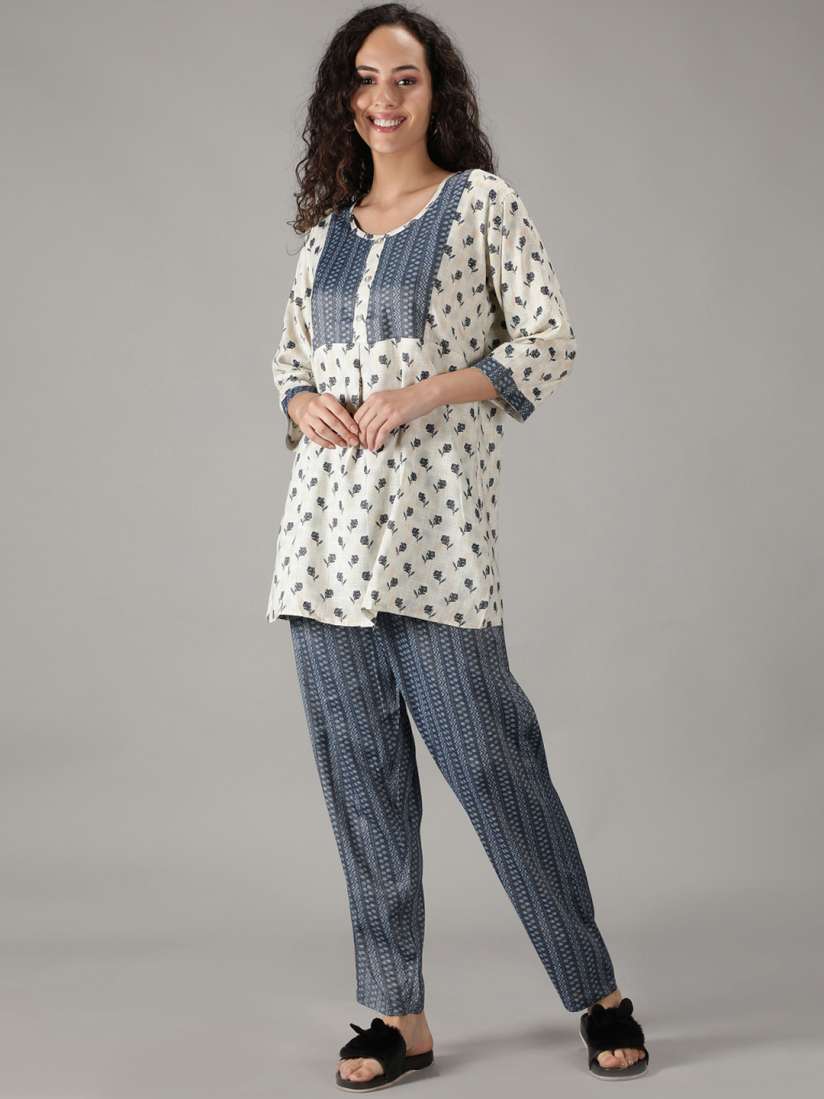 Buy NIGHTSPREE Women Blue Off White Printed Kurti Style Night Suit Night suits for Women 19013100 Myntra