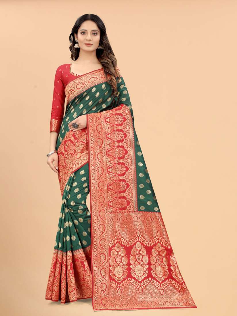 Buy WELL WORN Green Gold Toned Woven Design Zari Silk Cotton Banarasi Saree Sarees for Women 19016764 Myntra