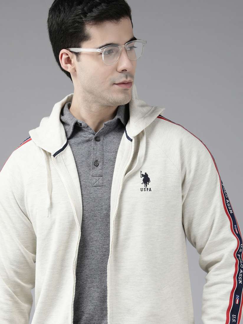 Buy U S Polo Assn Men Off White Brand Logo Embroidered Hooded Sweatshirt With Side Stripes Sweatshirts for Men 19019970 Myntra