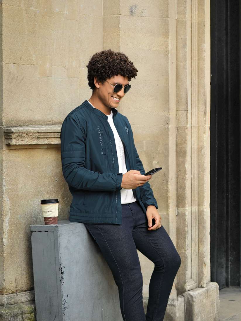 Navy blue bomber jacket mens outfit shop