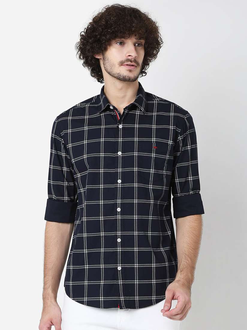 Buy Mufti Men Navy Blue Classic Slim Fit Windowpane Checks Checked