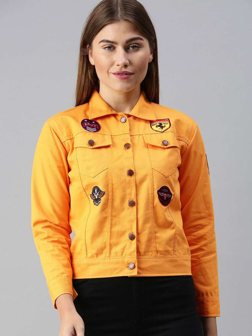 Buy VOXATI Women Yellow Floral Crop Denim Jacket with Patchwork
