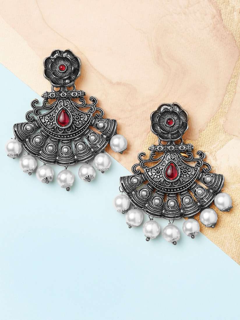 Buy OOMPH Oxidised Silver Marron Stone with Pearls Floral Ethnic Drop Earrings Earrings for Women 19030318 Myntra