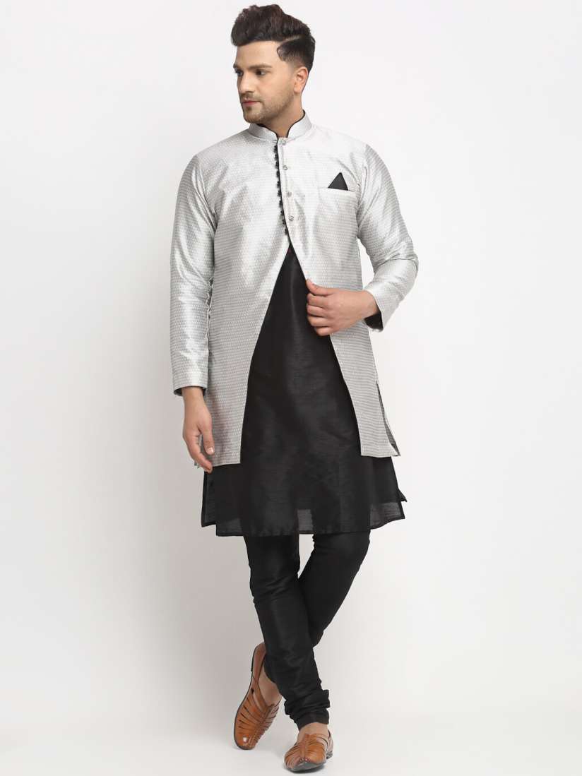 Buy Benstoke Men Black Dupion Silk Kurta Pajama And High Slit Jacket Set Kurta Sets for Men 19039362 Myntra