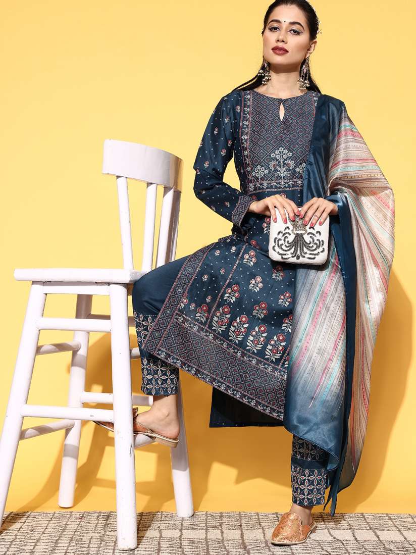 Buy Libas Women Blue Silk Blend Printed Kurta Set Kurta Sets for Women 19069830 Myntra