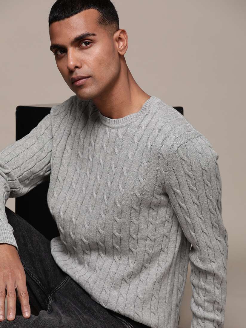 Buy Macy s Club Room Men Grey Melange Cable Knit Pure Cotton Pullover Sweaters for Men 19075184 Myntra