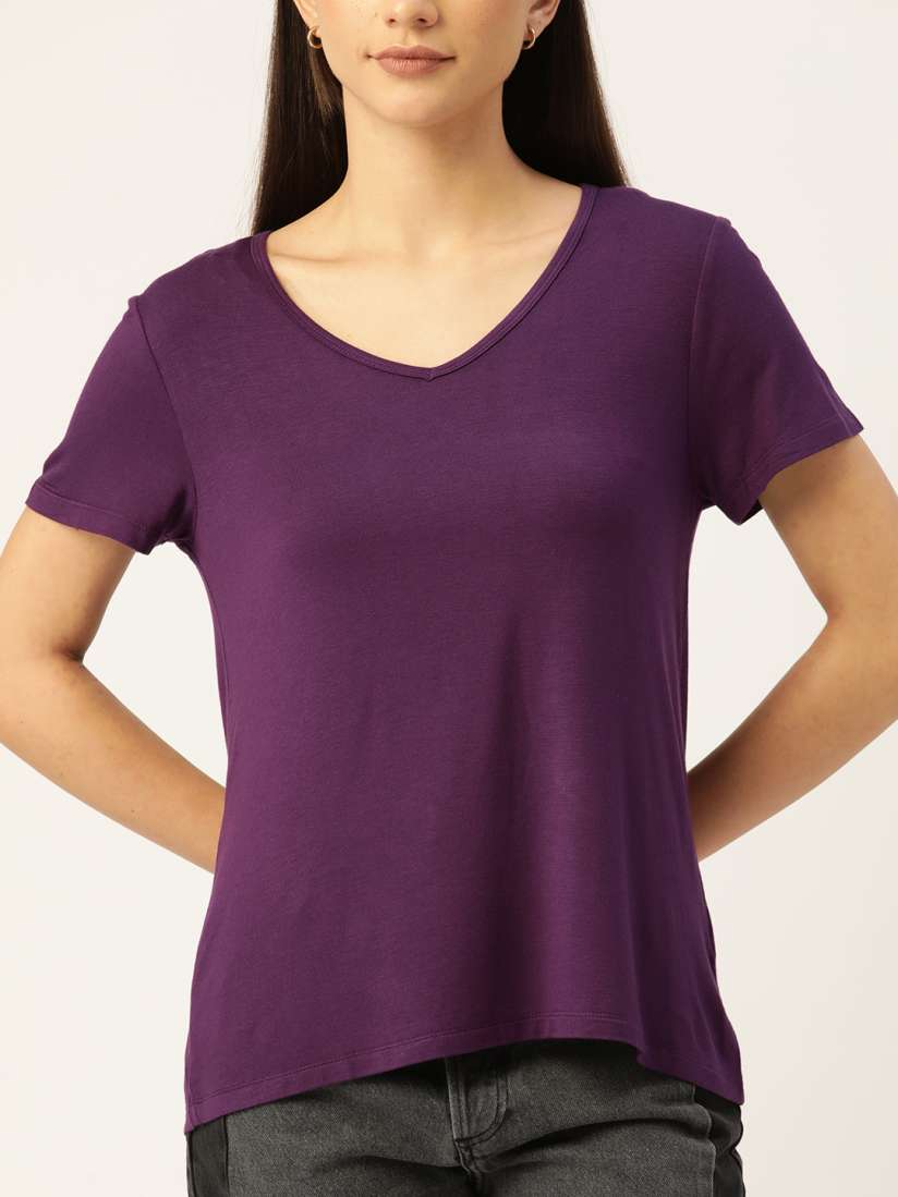 Buy Macy s Ideology Women Purple Solid V Neck T shirt Tshirts for Women 19079112 Myntra
