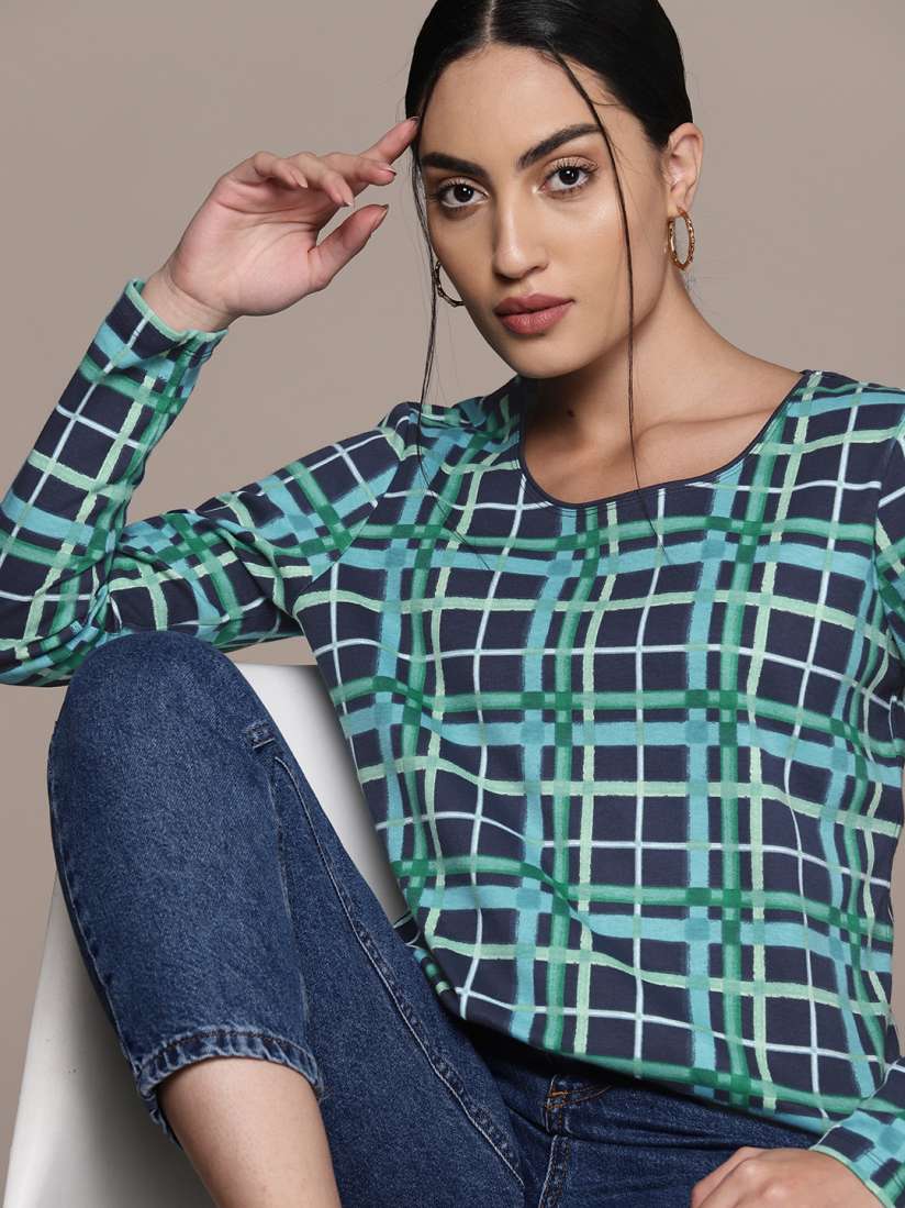 Buy Macy s Karen Scott Women Navy Blue Green Checked T shirt Tshirts for Women 19079442 Myntra