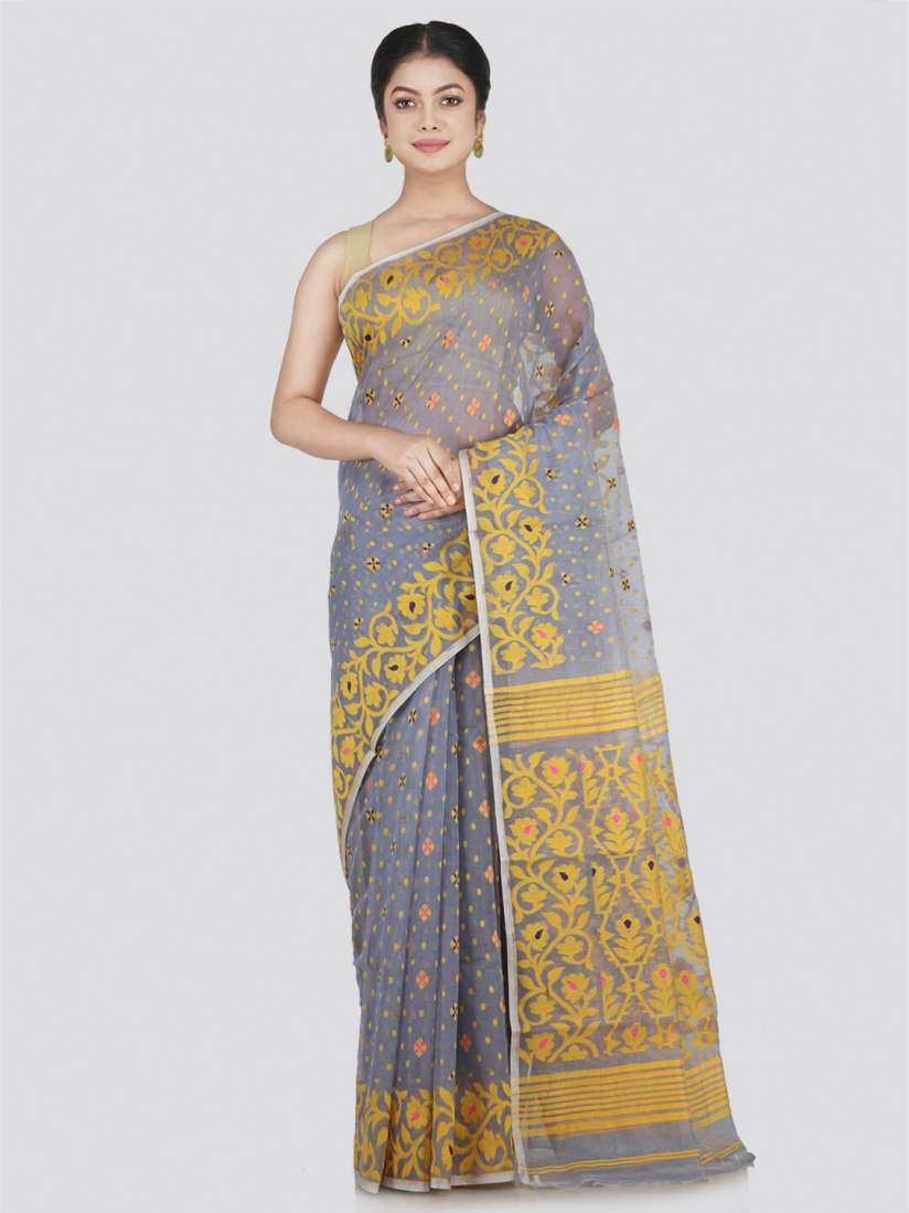 Buy PinkLoom Women Grey Yellow Woven Design Jamdani Saree Sarees for Women 19083204 Myntra
