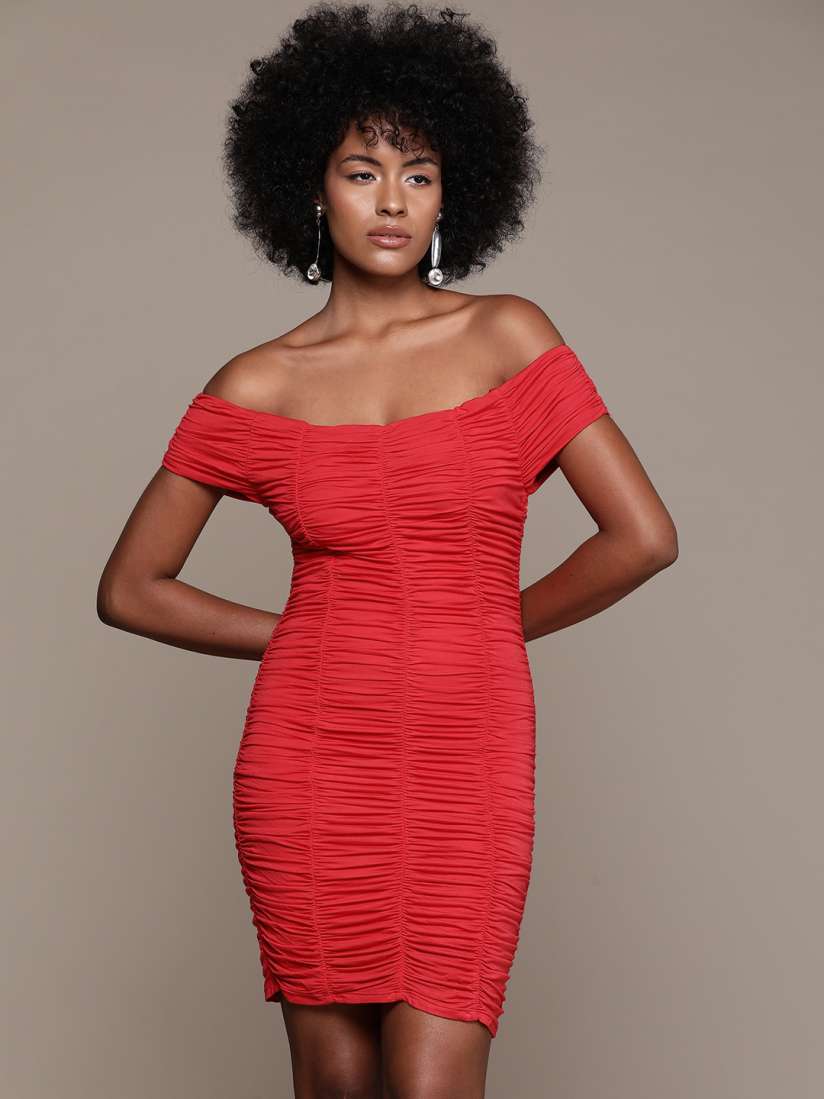 Buy bebe Future Glam Off Shoulder Ruched Bodycon Mini Dress Dresses for Women 19093236 Myntra