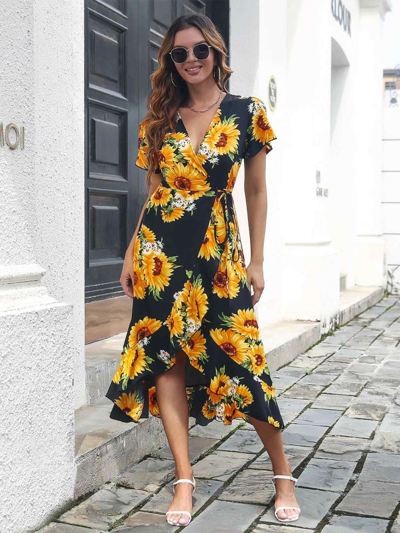 Yellow and black midi dress store