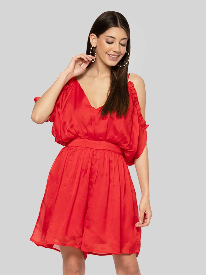 PRETTY LOVING THING Red Cold-Shoulder Sleeves Fit Flare Polyester Mini  Dress