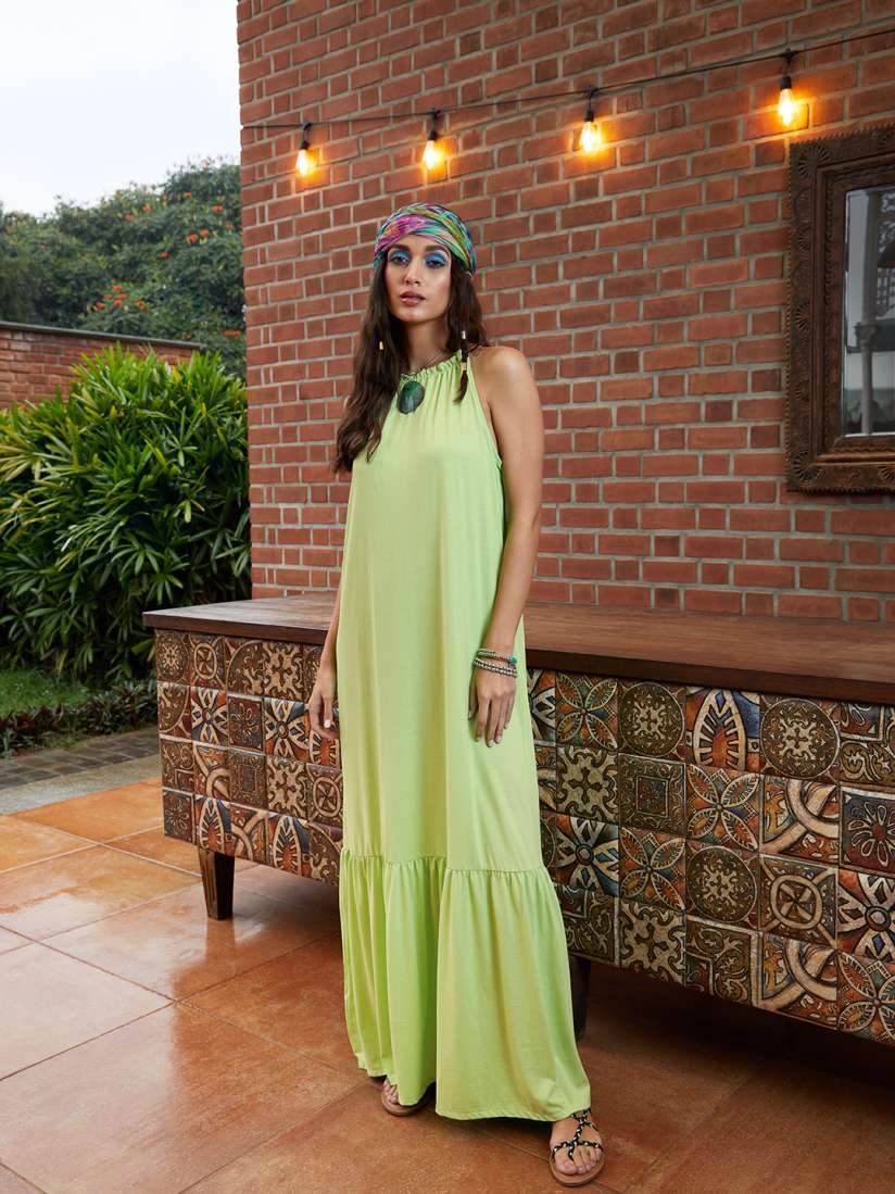 Buy MANGO Fluorescent Green Pure Cotton Solid Ruffle Detail Maxi Dress Dresses for Women 19120196 Myntra