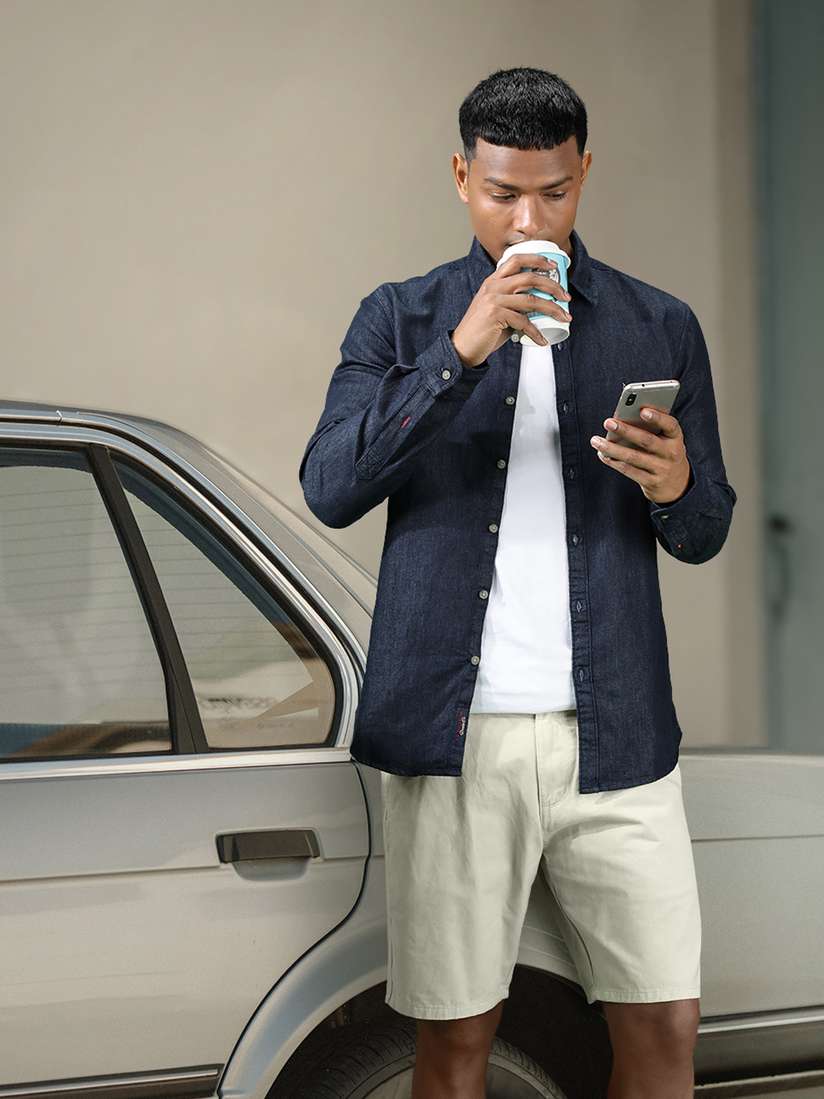 Denim Shirt And Shorts Outfit Men Blue Denim Shorts Navy Blue