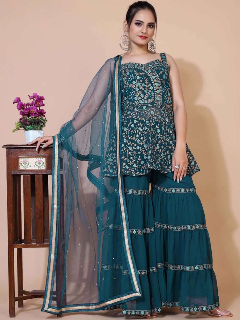 Buy Virah Fashion Women Teal Embroidered Empire Thread Work Kurti with Sharara With Dupatta Kurta Sets for Women 19179452 Myntra